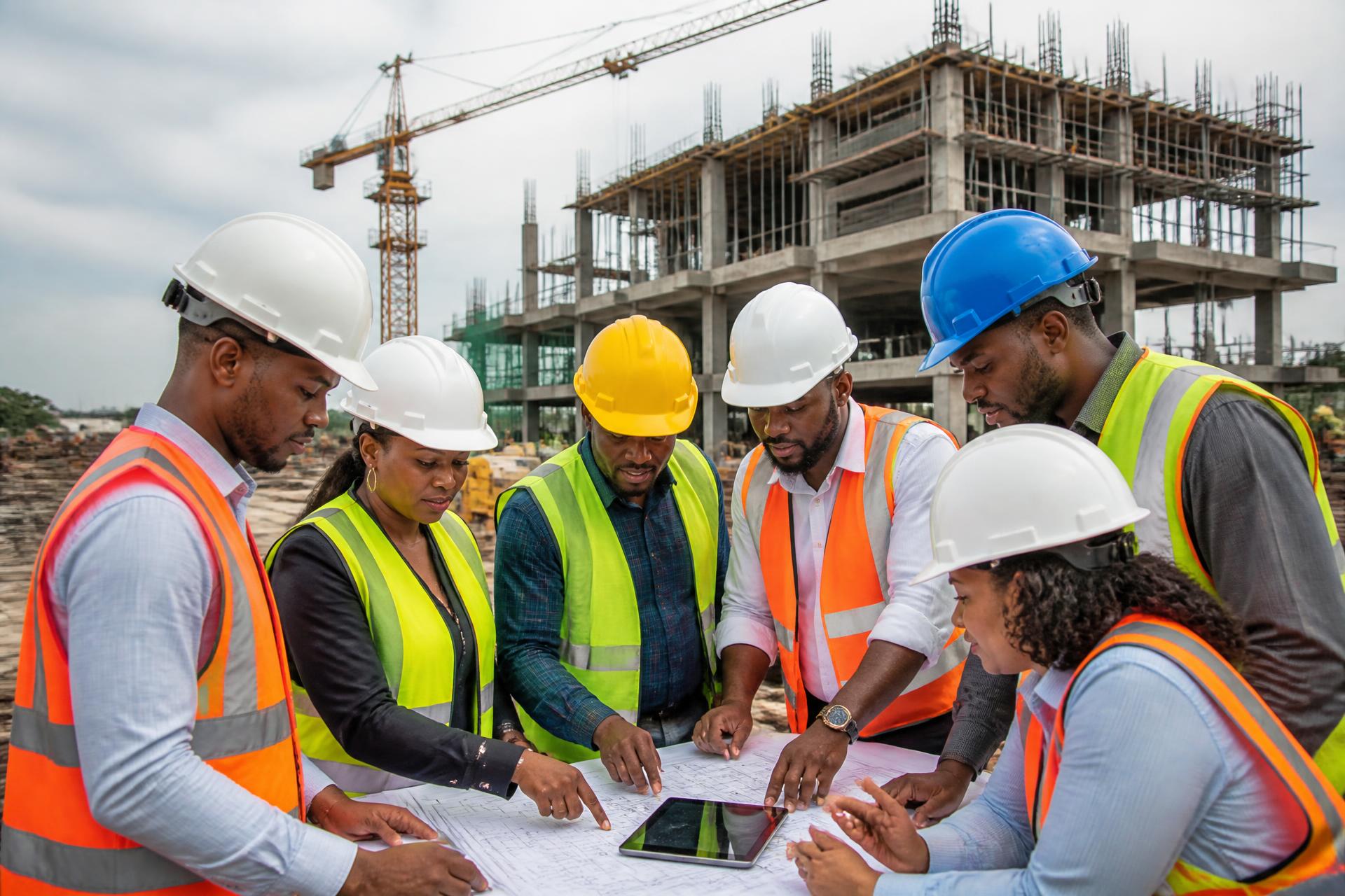 Seacorals architects and engineers reviewing construction drawings on an active Nigerian building site