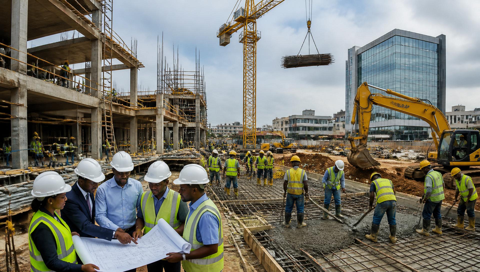 Large-scale Seacorals commercial construction project with engineers, cranes, and heavy machinery